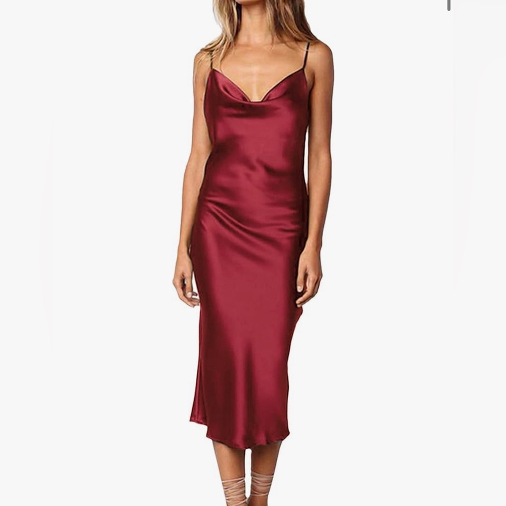 Women's Sleeveless Spaghetti Strap Satin Cowl Neck Midi dress